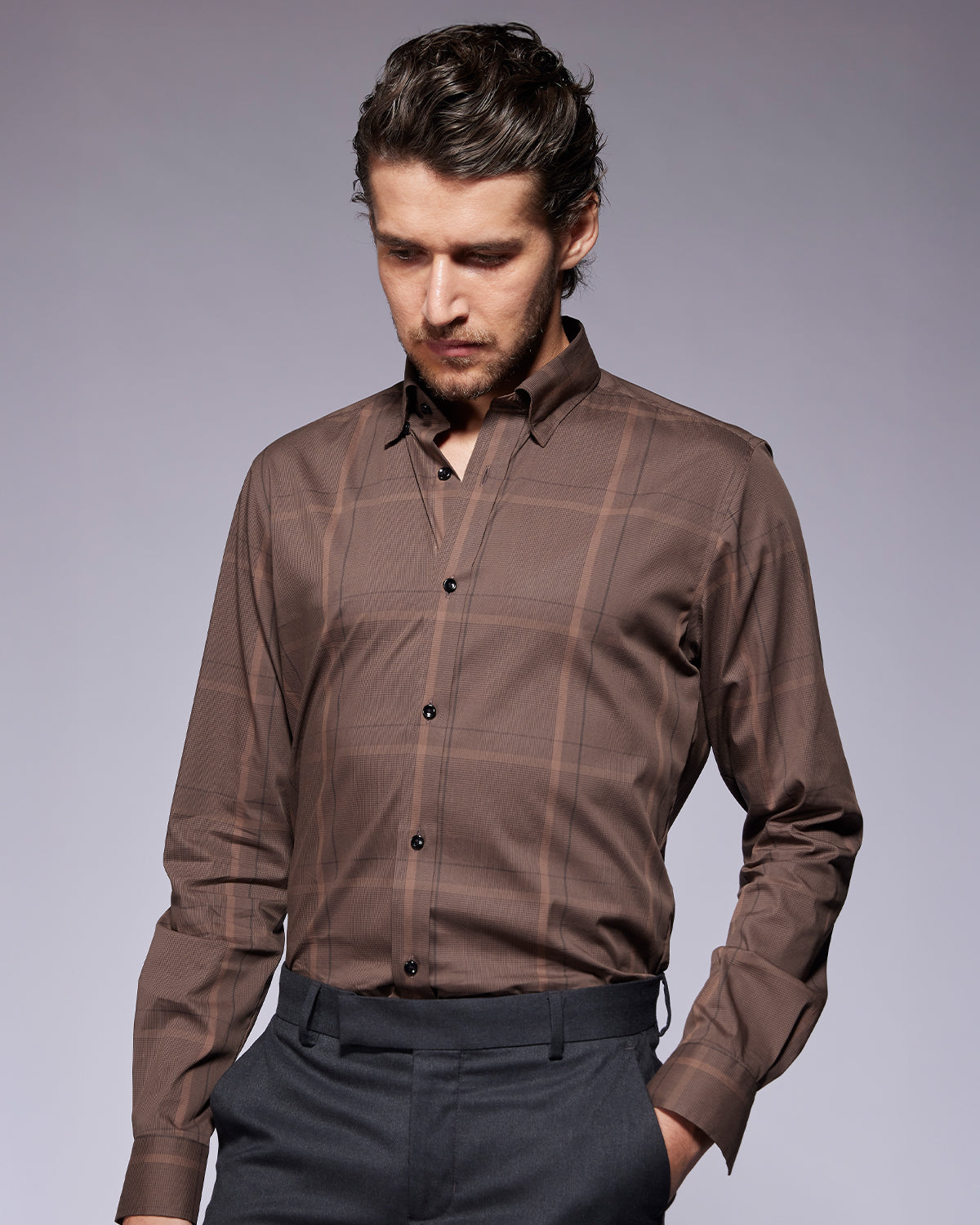 Stretch Cotton-Blended Checked Shirt - Brown