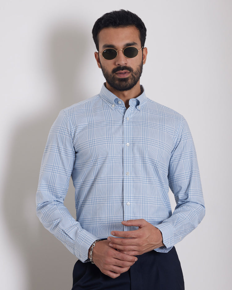 Glen Plaid Dobby Checked Shirt - Blue