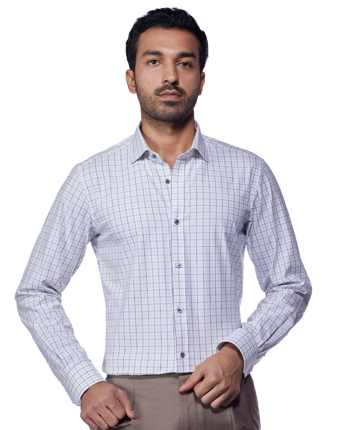 4-Way Stretch Cotton Checked Shirt - Blue & Grey