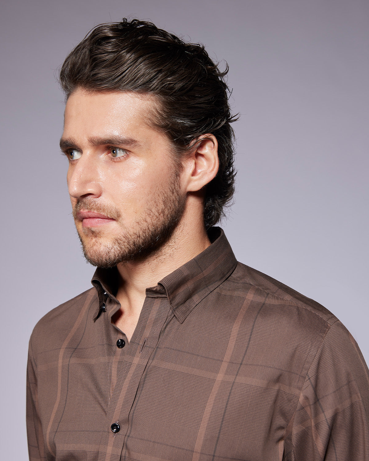 Stretch Cotton-Blended Checked Shirt - Brown