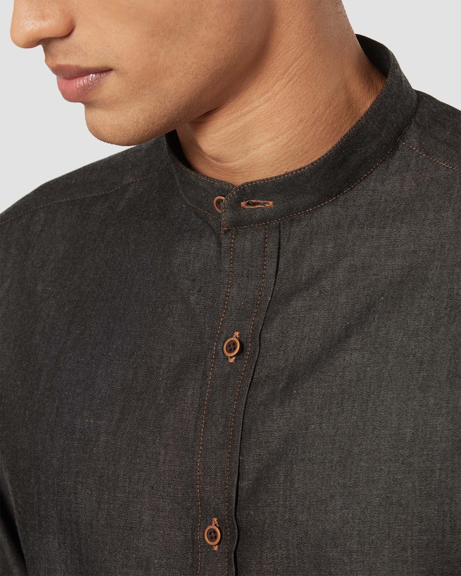 Contrast Stitched Denim Shirt - Black