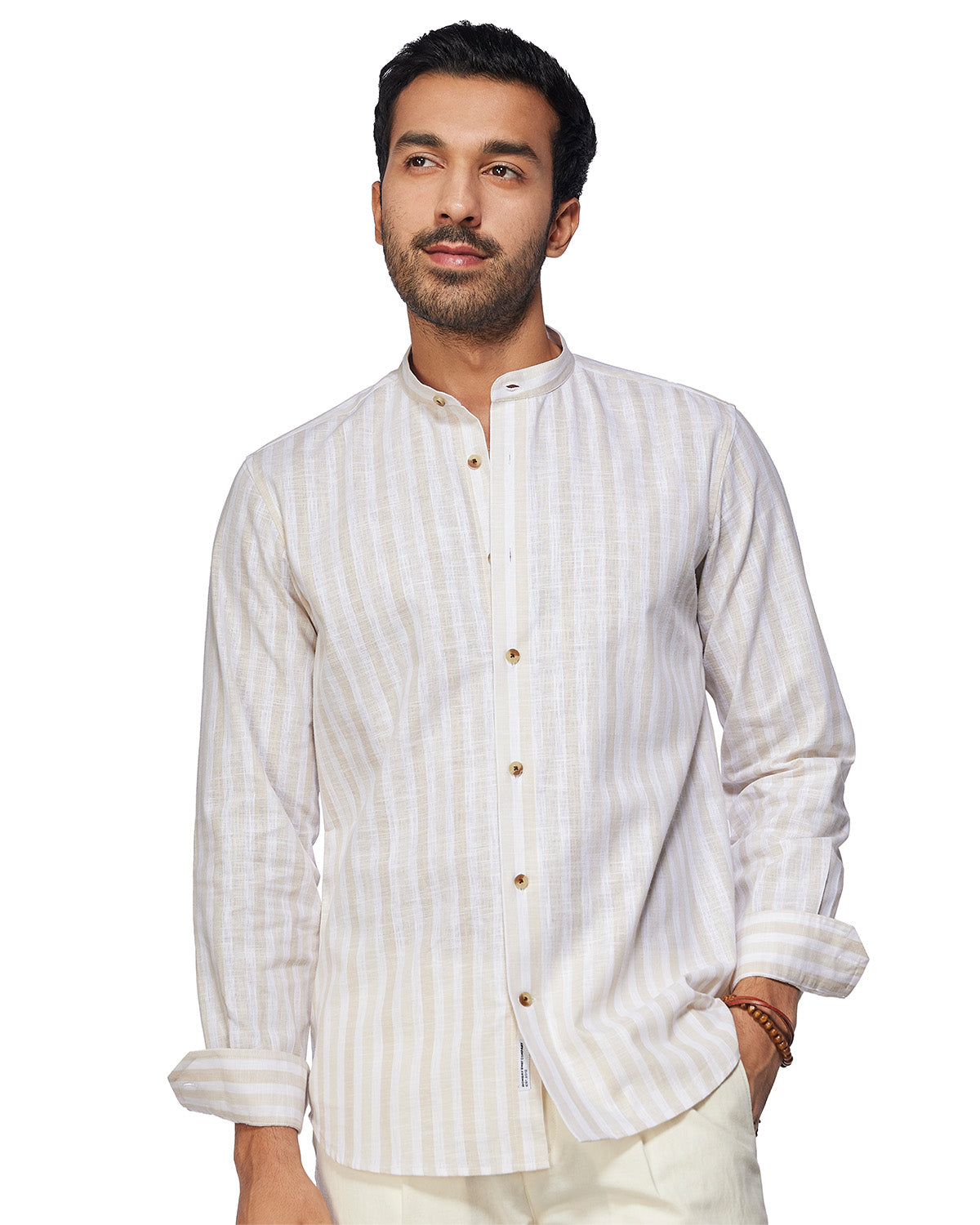 Slubby Cotton Striped Shirt - Beige