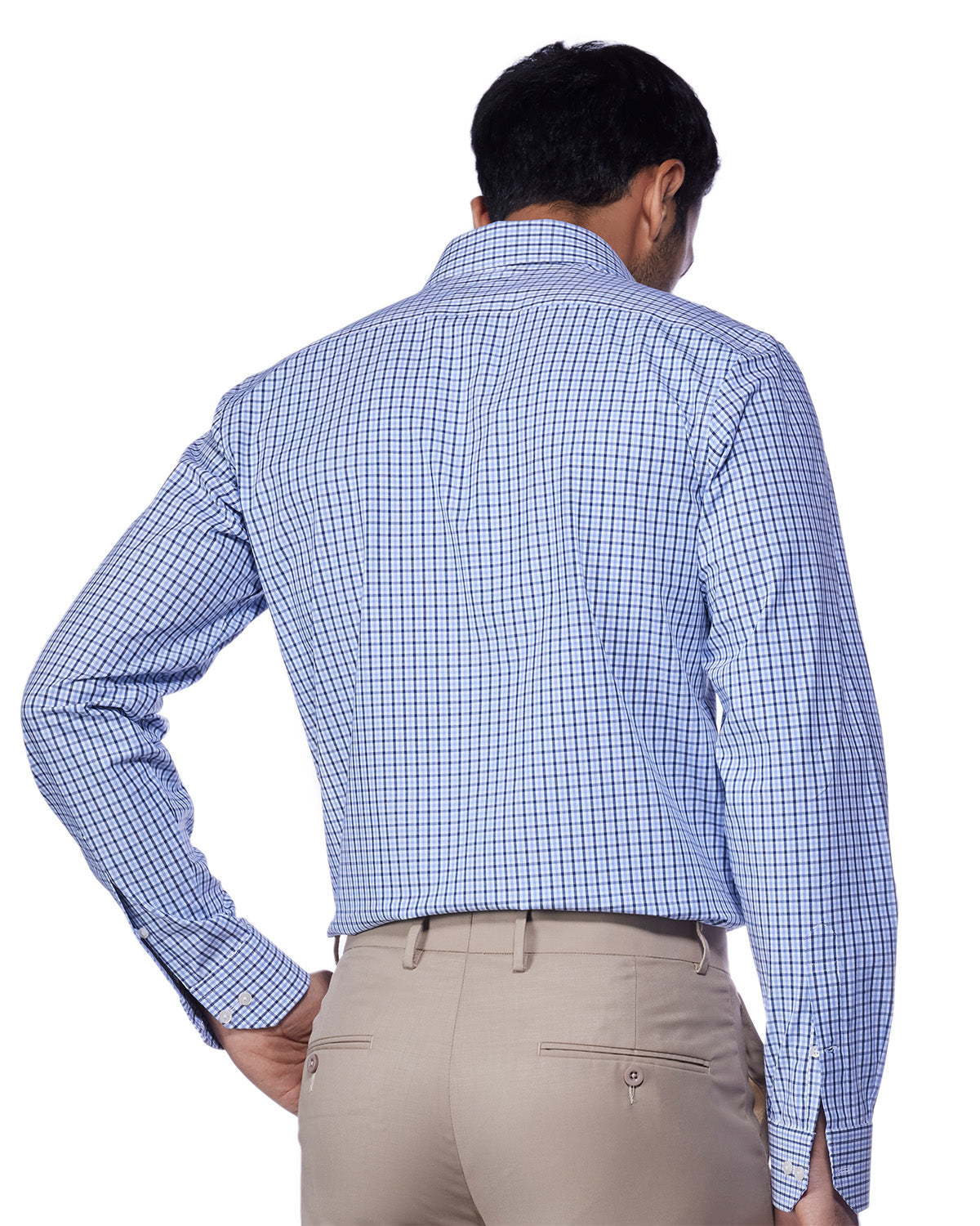 4-Way Stretch Cotton Checked Shirt - Blue & Navy