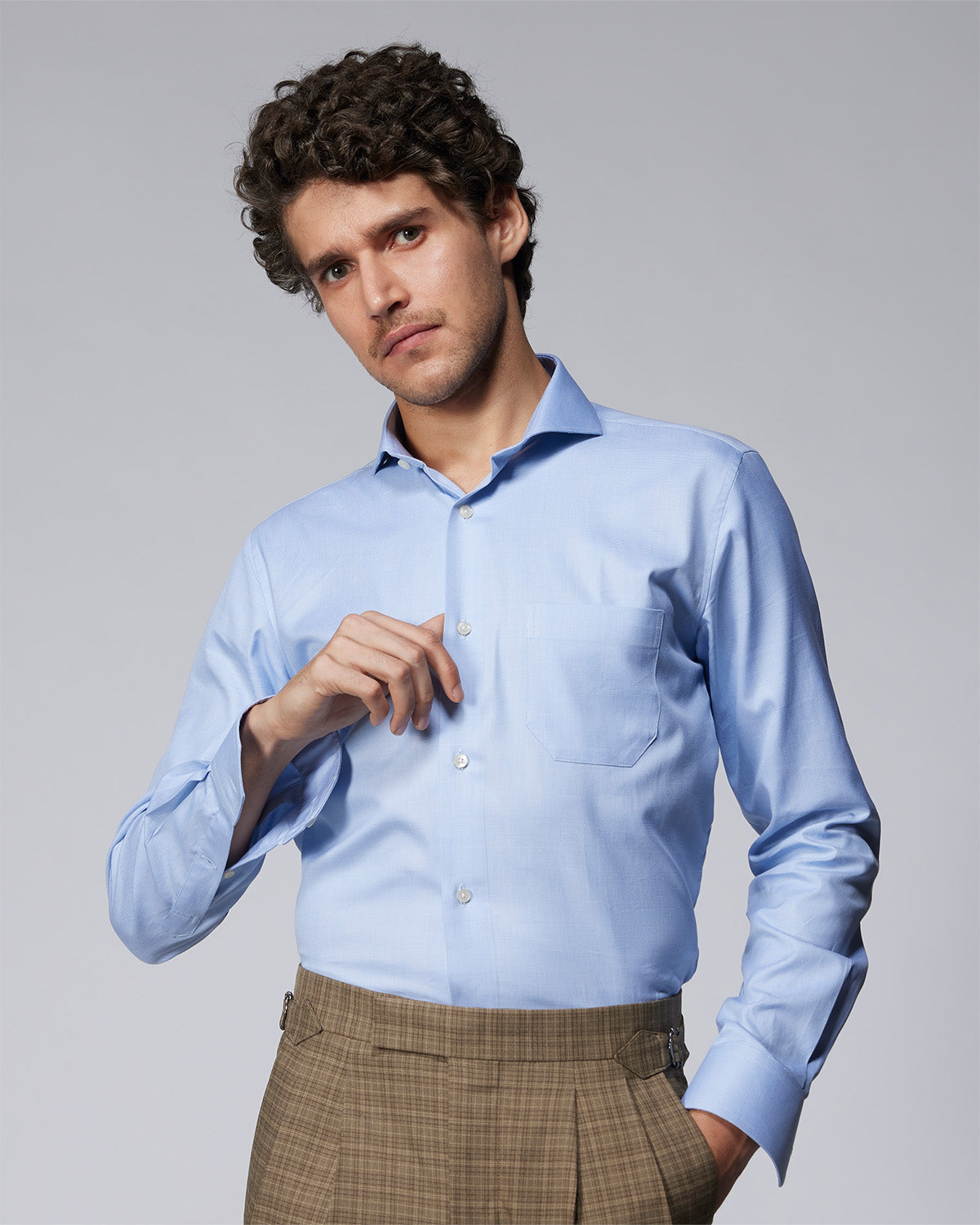 Dobby Glen Plaid Checked Shirt - Light Blue