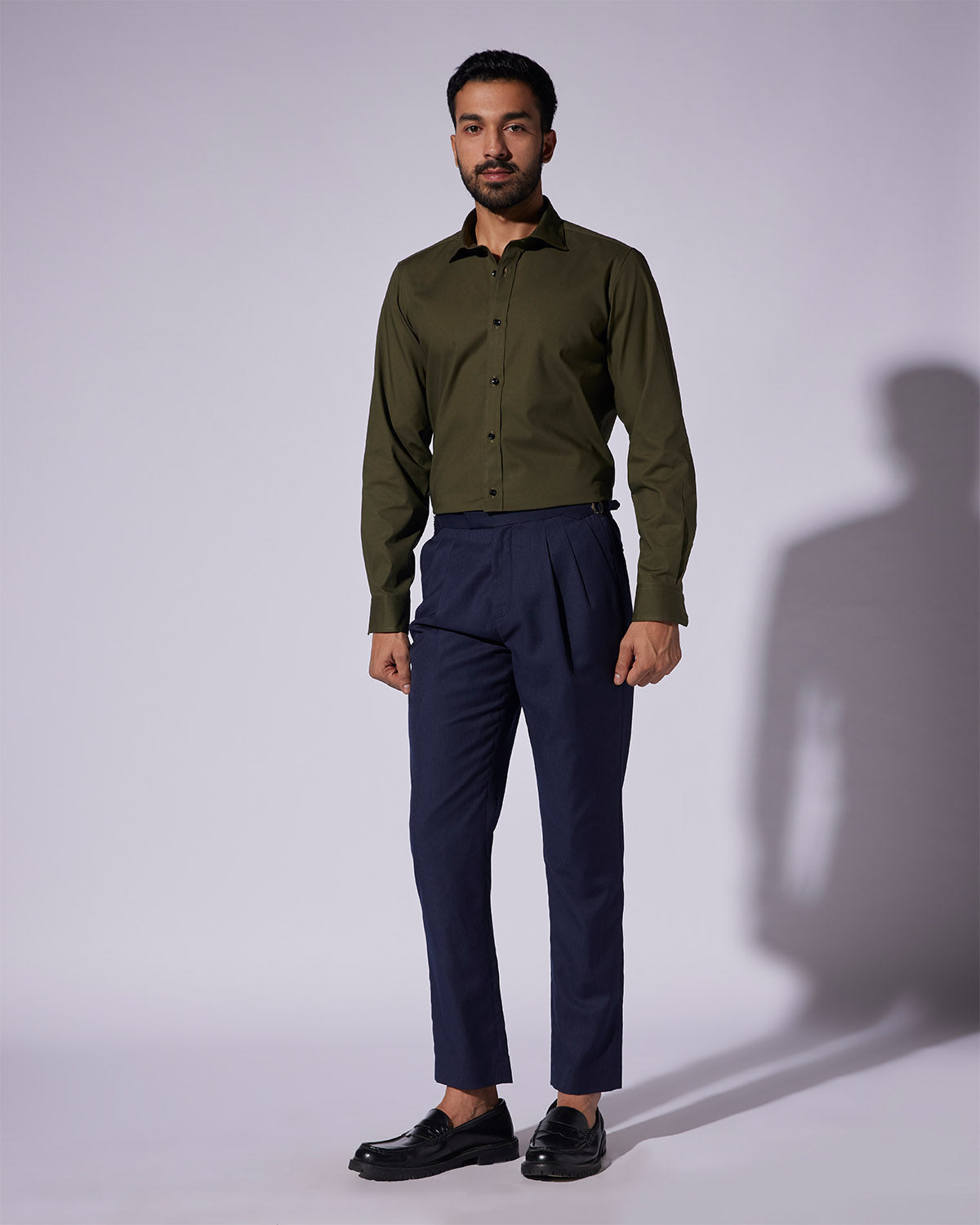 Stretch Self-Checked Slubby Shirt - Dark green