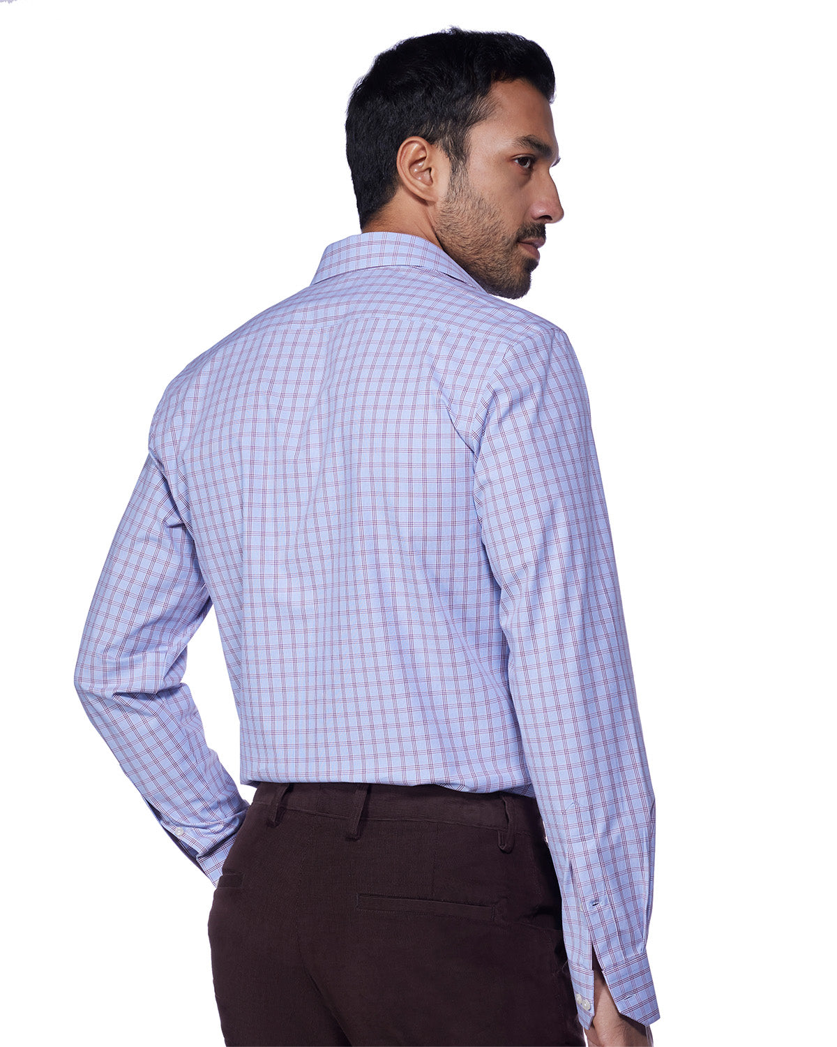 4-way Stretch Cotton Checked Shirt - Blue & Brown