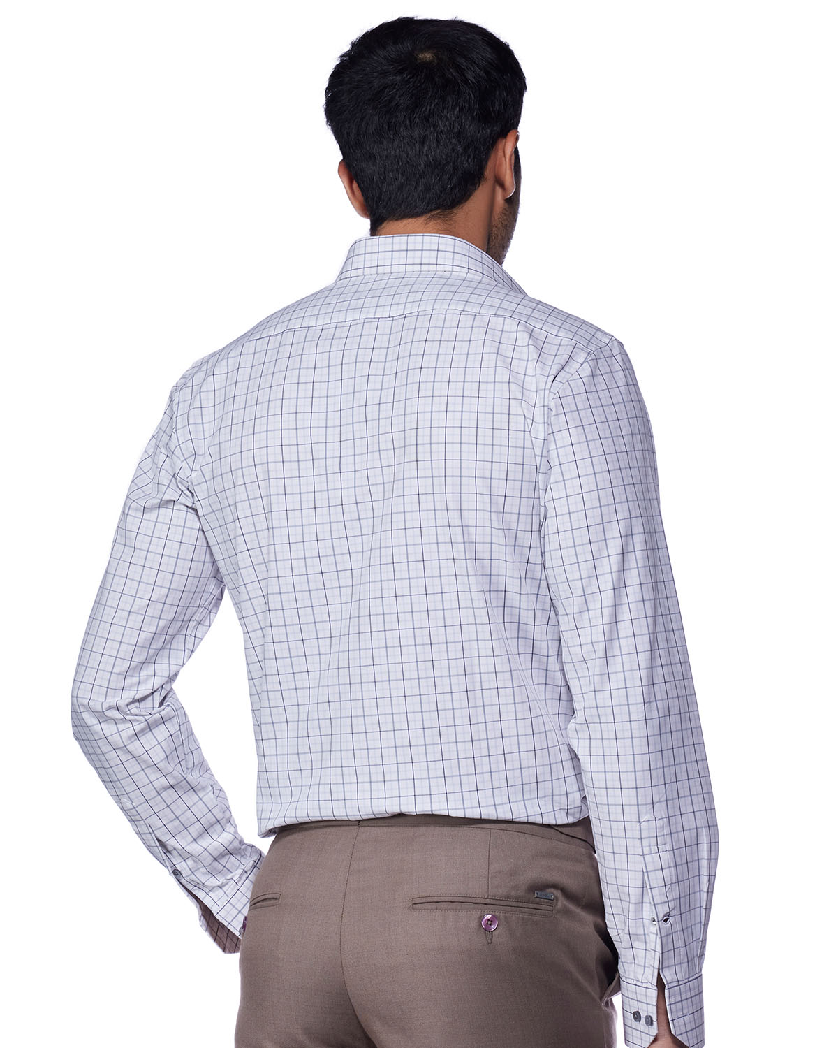 4-Way Stretch Cotton Checked Shirt - Blue & Grey