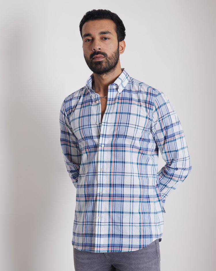 Japanese Seersucker Checked Shirt - Blue & White