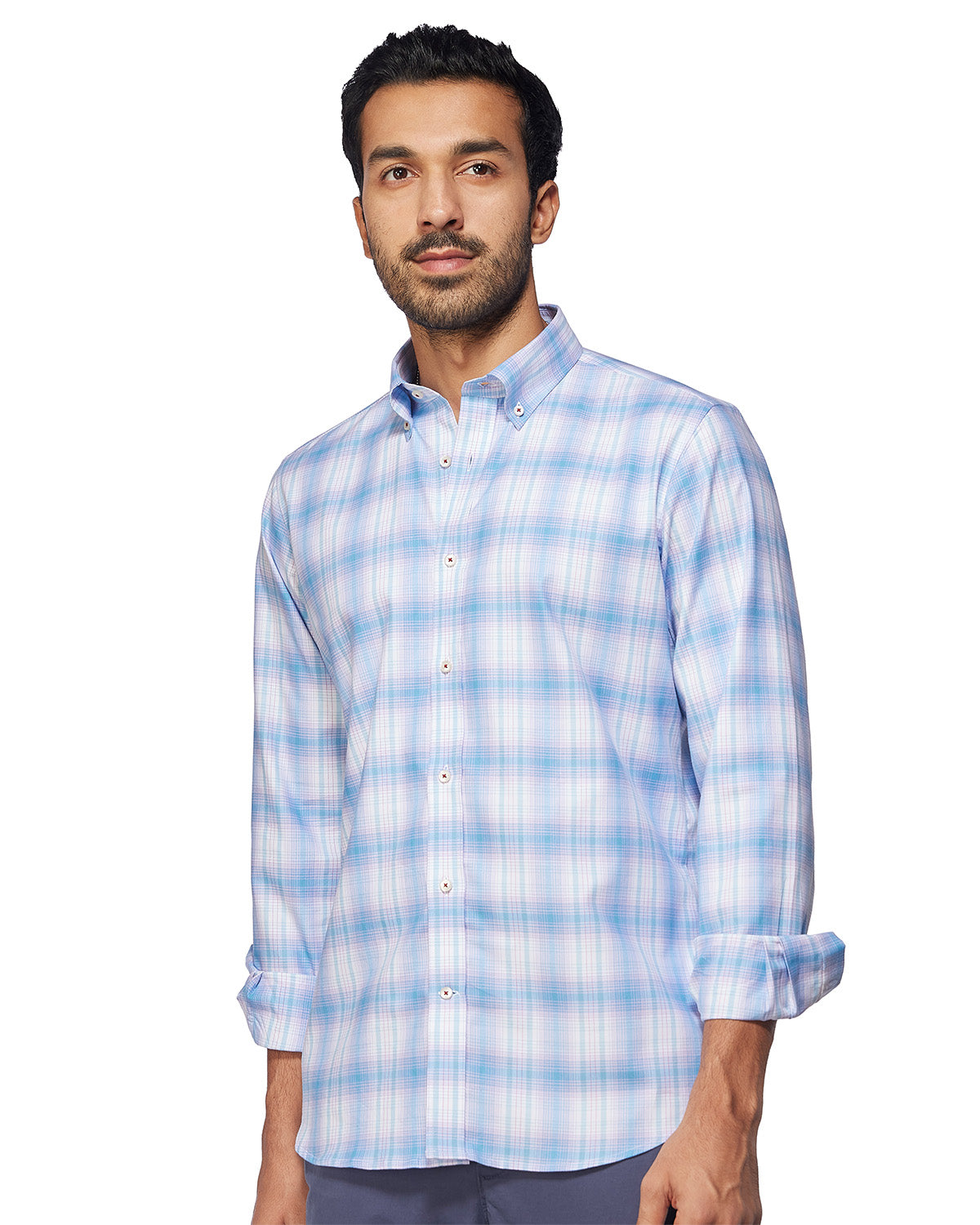 Twill Checked Shirt - Light Blue & Pink