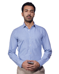 4-way Stretch Cotton Checked Shirt - Blue & Navy