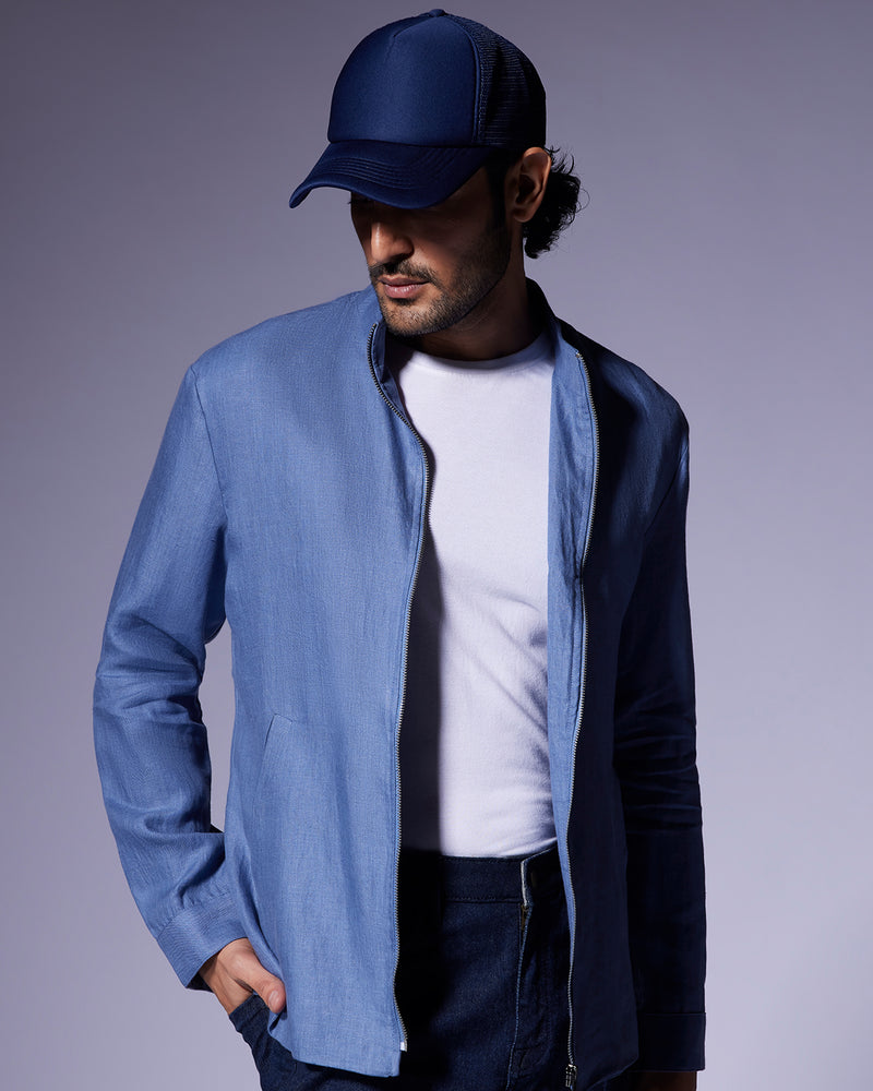 The Belvedere Linen Bomber Jacket - Blue