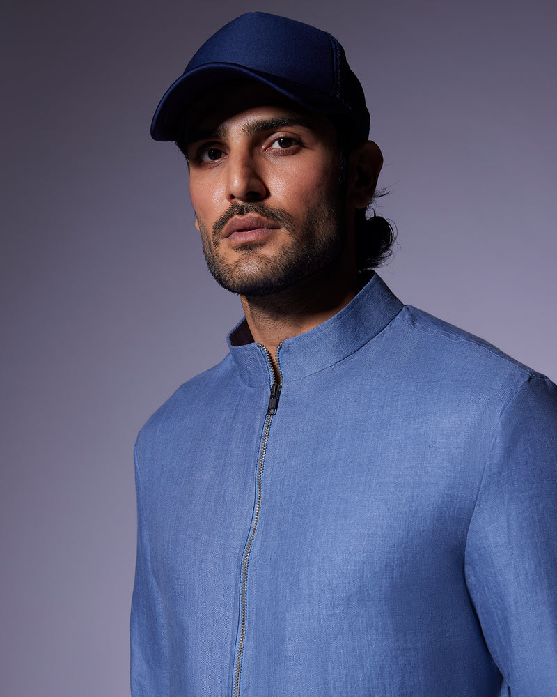 The Belvedere Linen Bomber Jacket - Blue