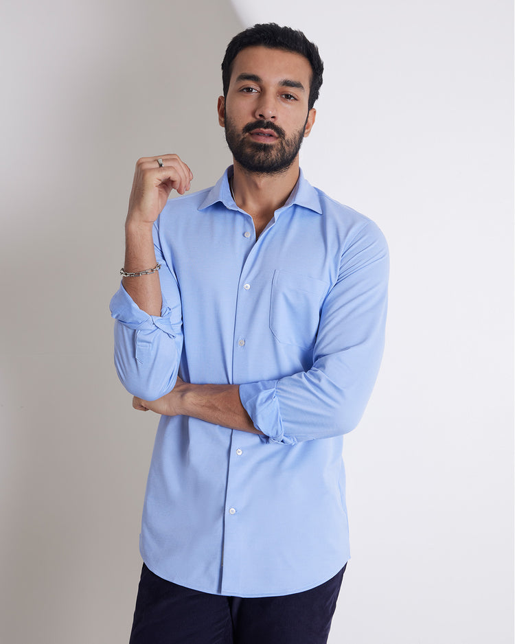 Stretch Cotton Blend Knit Shirt - Blue