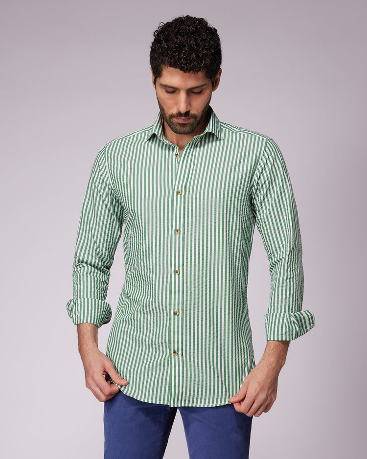 Seersucker Striped Shirt - Green & White