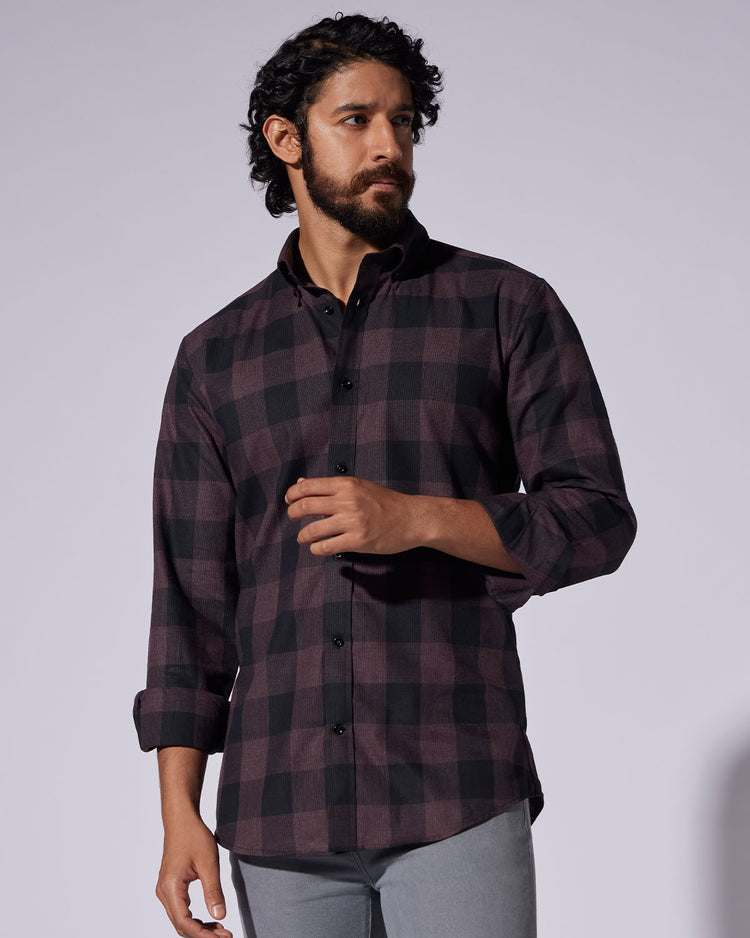 Japanese Twill Checked Shirt - Maroon & Black