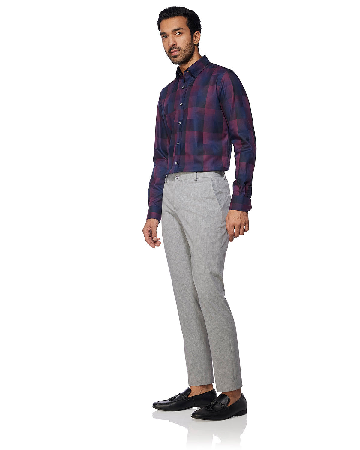 Ombre Twill Checked Shirt - Navy & Maroon