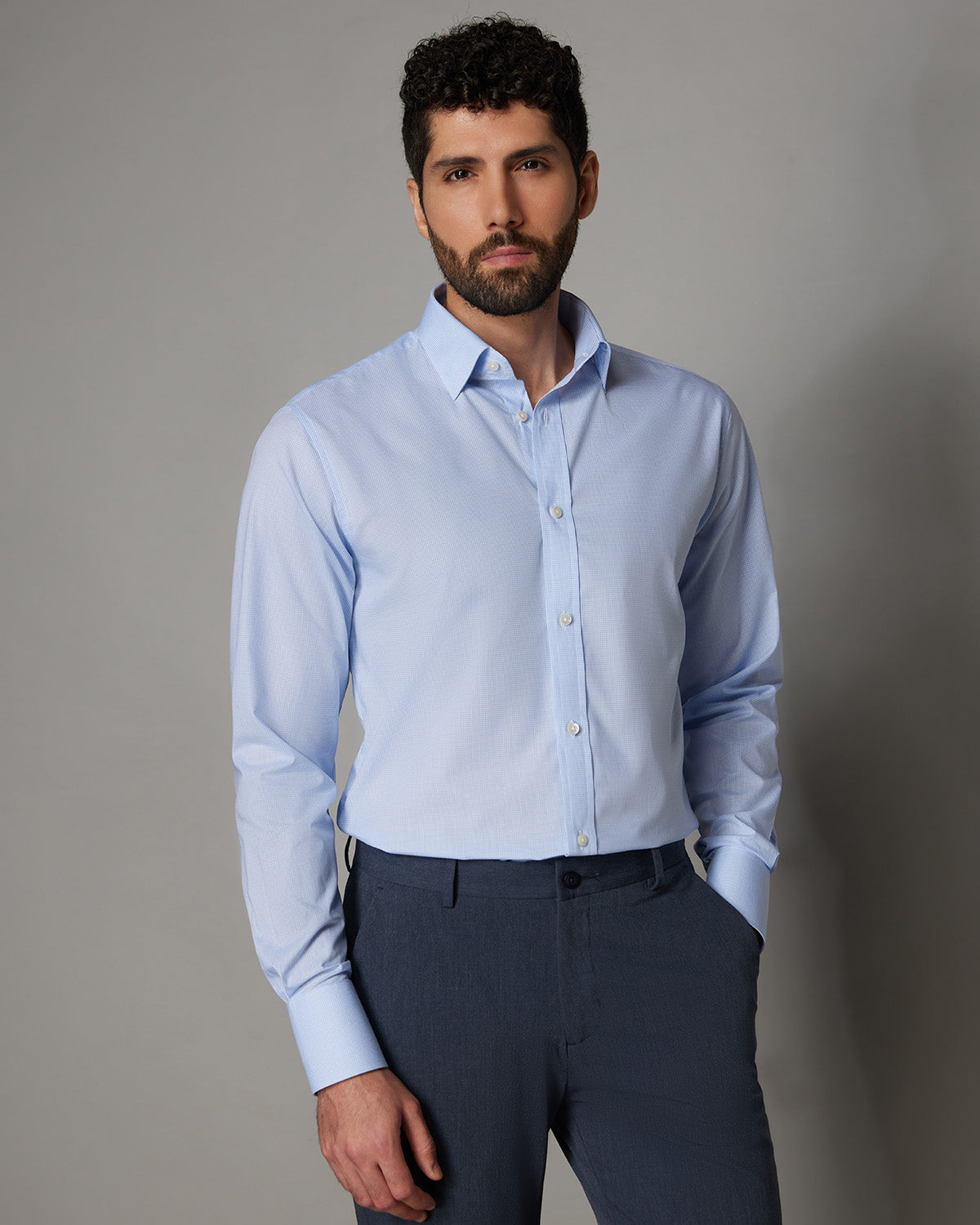 Micro-Checked Shirt - Light Blue