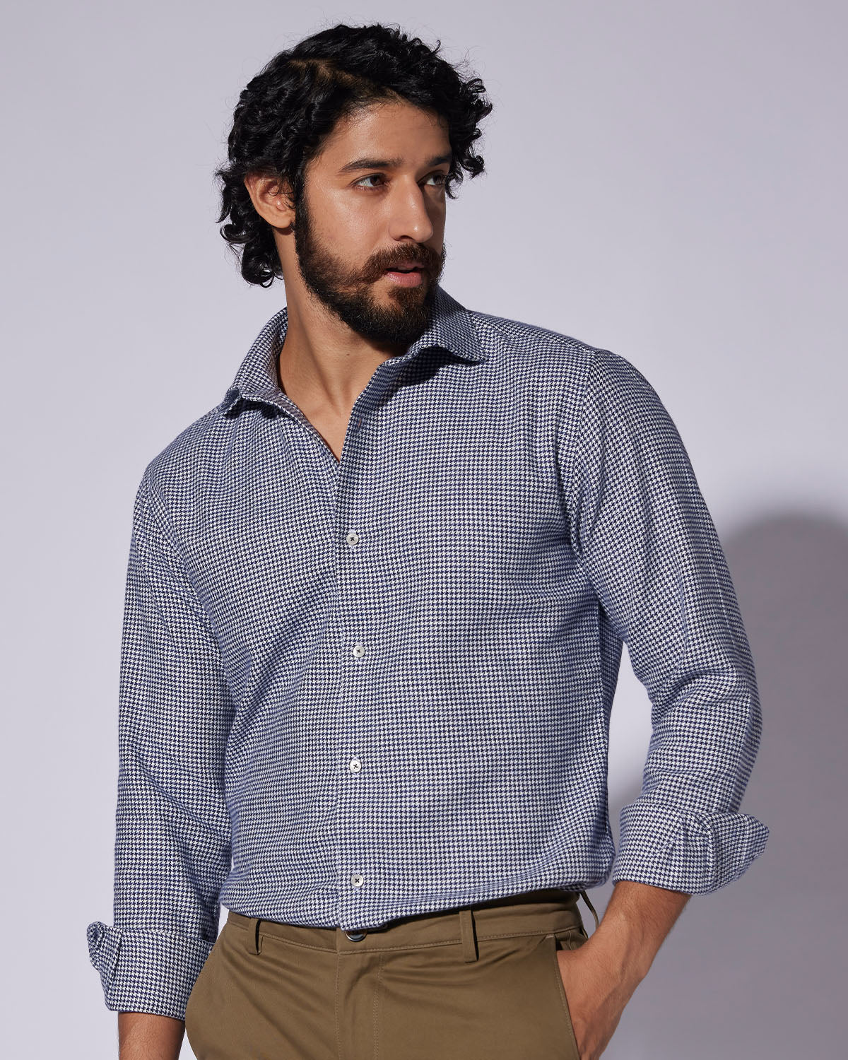 Japanese Brushed Houndstooth Shirt - Navy