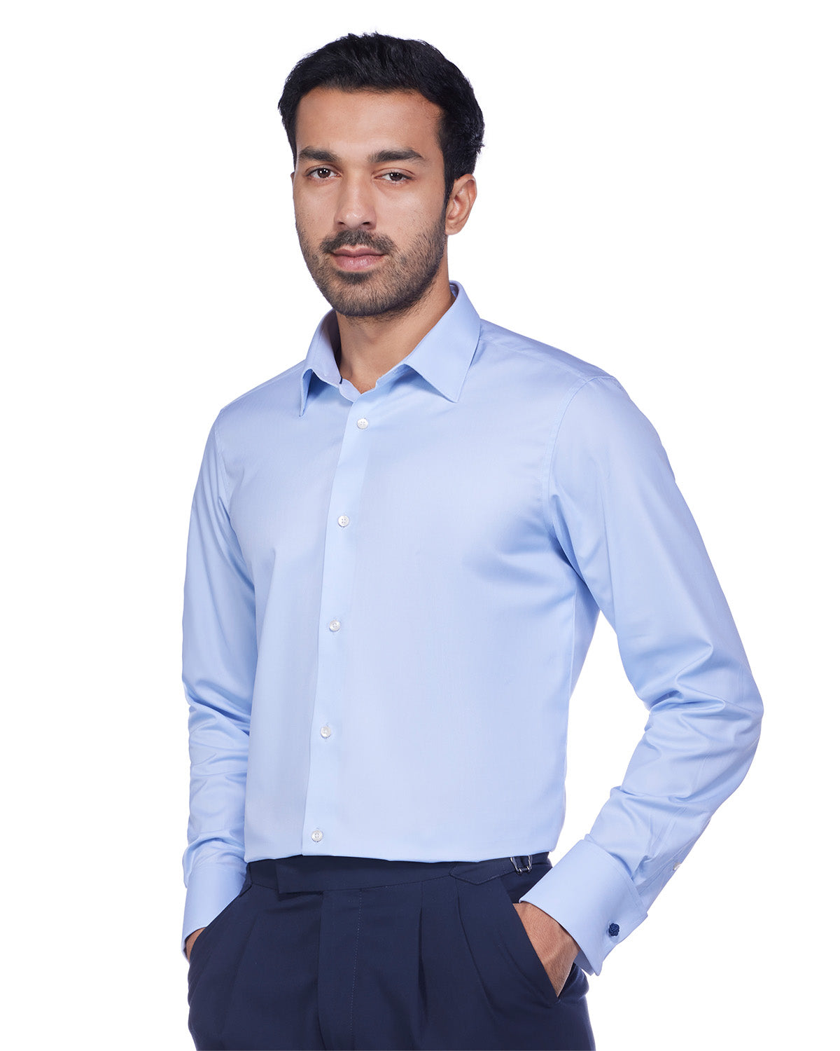 Cotton Blended Herringbone Shirt - Light Blue