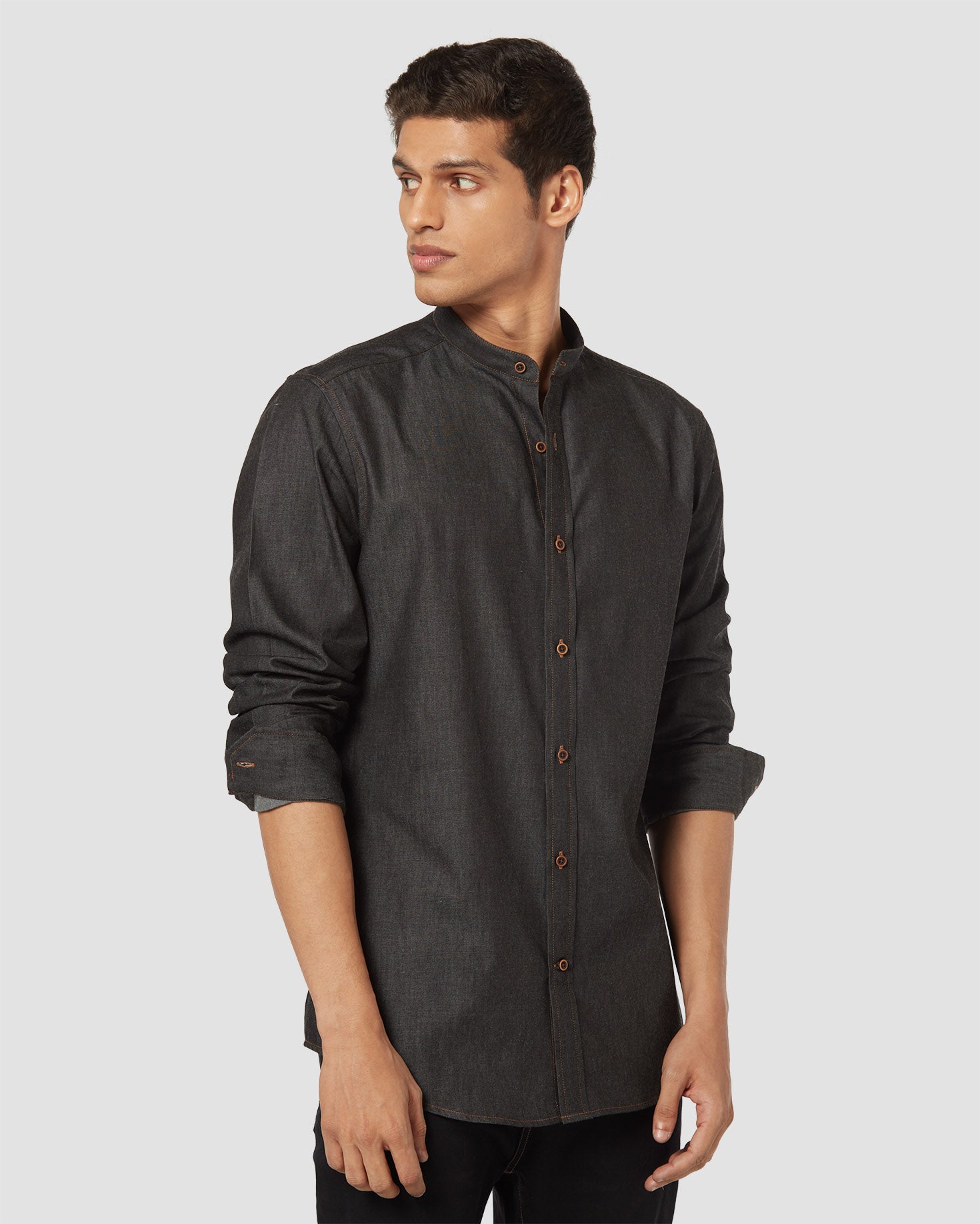 Contrast Stitched Denim Shirt - Black