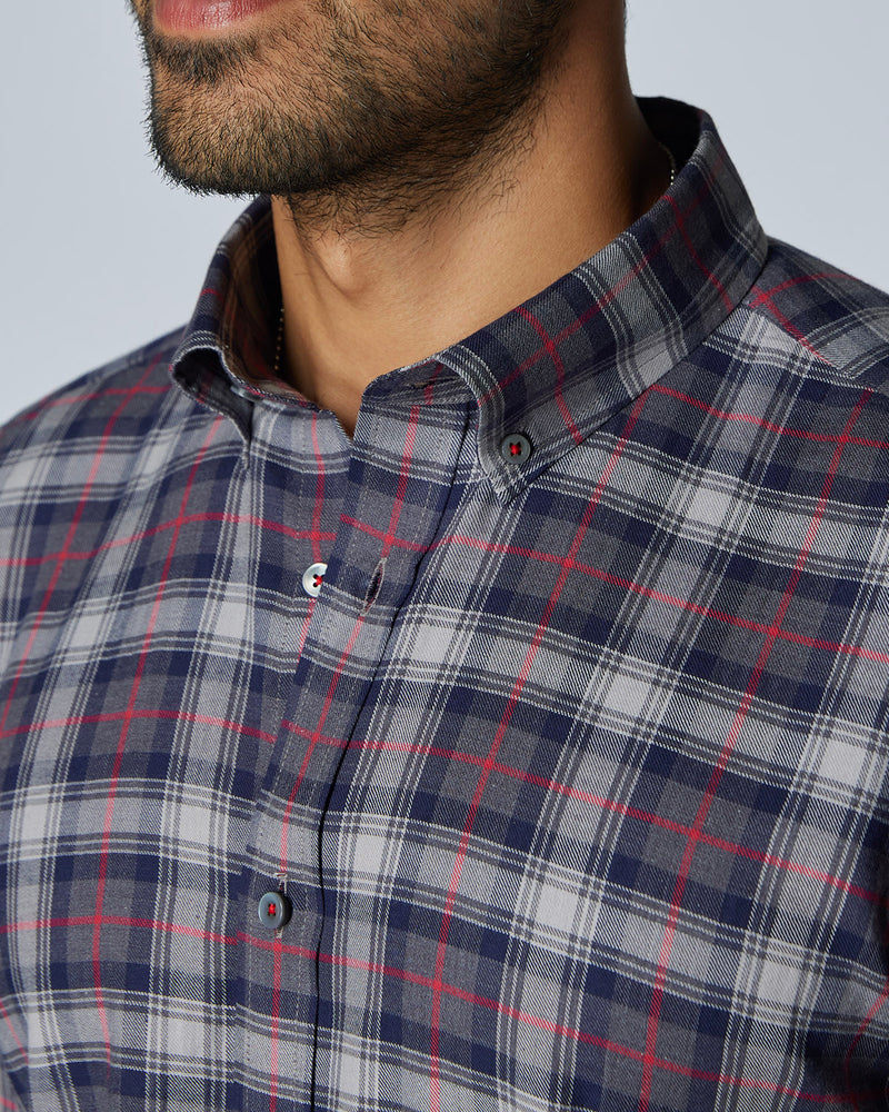 Somelos Brushed Twill Checked Shirt - Grey