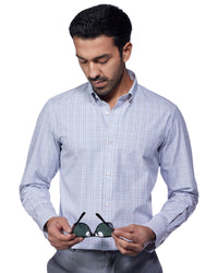 4-Way Stretch Cotton Checked Shirt - Teal & Brown