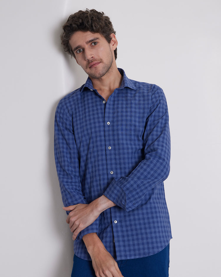 Japanese Seersucker Checked Shirt - Navy