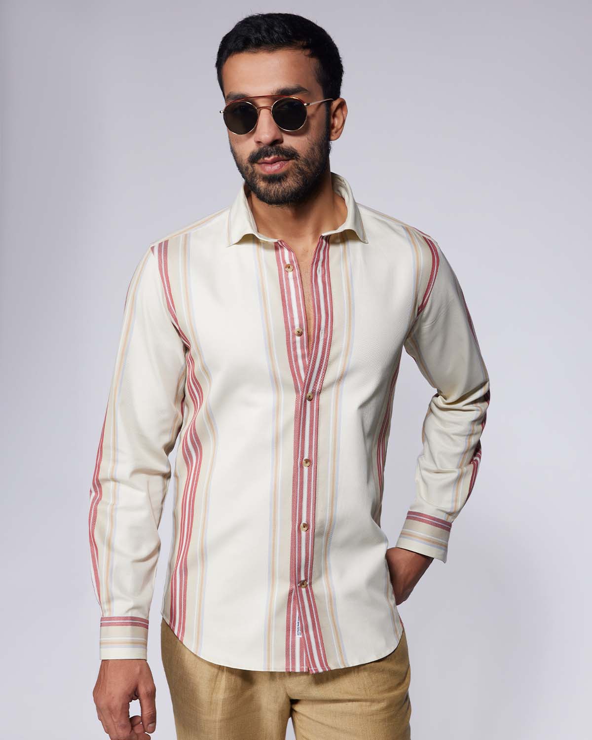 Cotton Striped Shirt - Ecru & Red