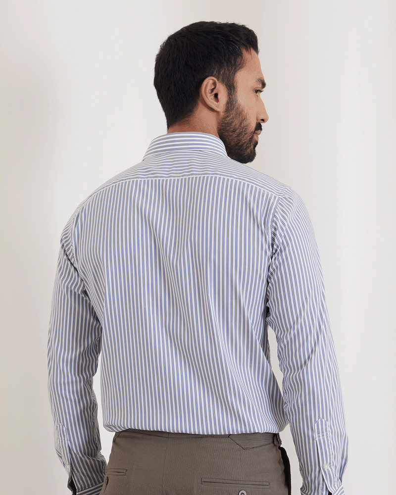 Dark Blue & White Stretch Twill Striped Shirt