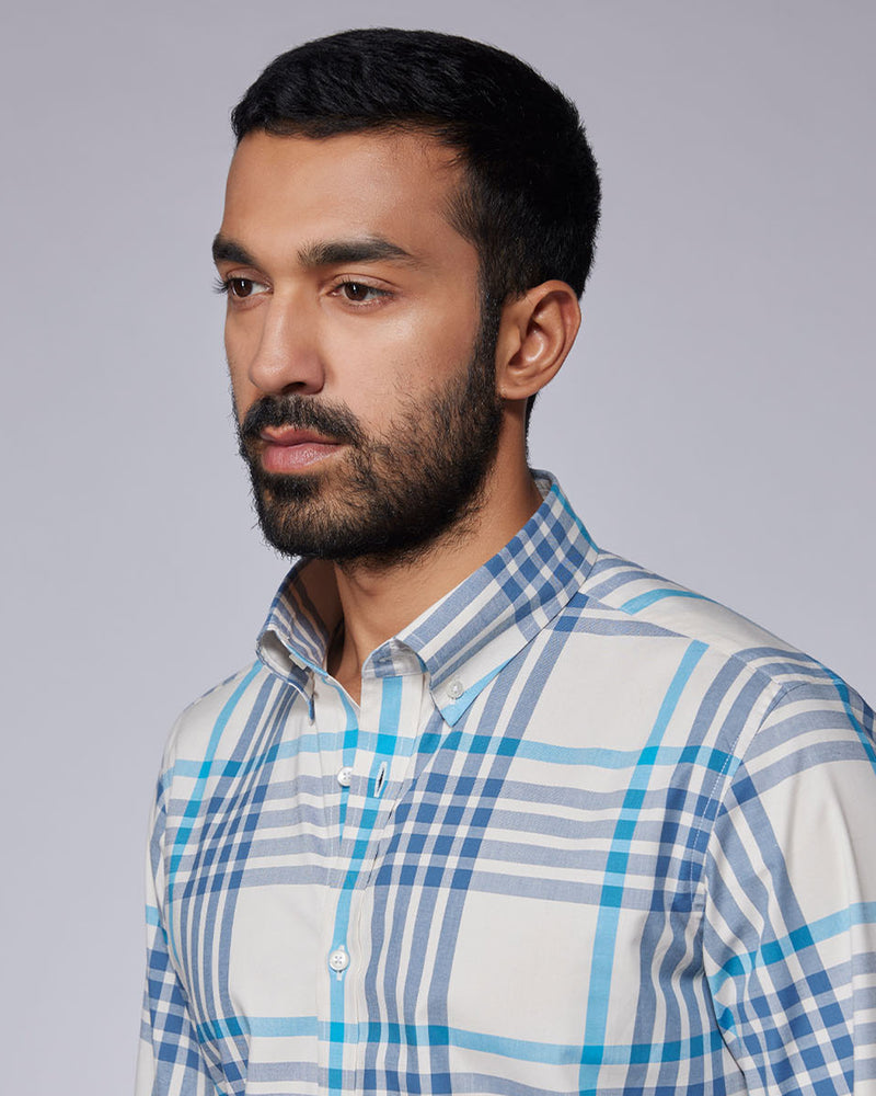 Stretch Oxford Checked Shirt - Ecru & Blue