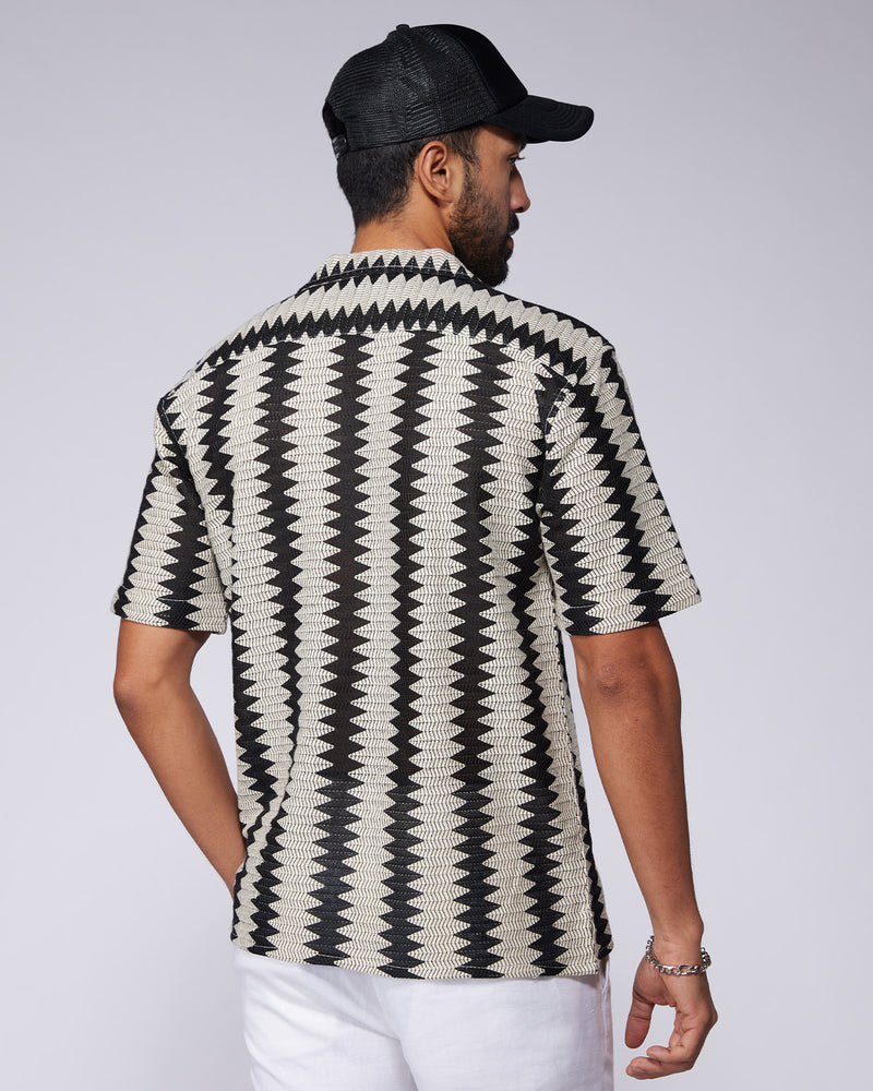 Black & Ecru Half-Sleeve Zigzag Crochet Shirt