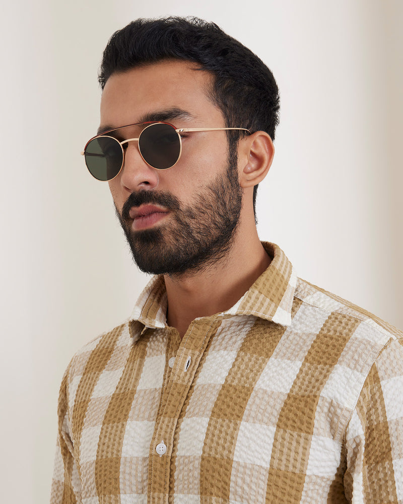 Beige Seersucker Checked Shirt