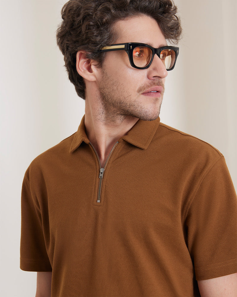 Signature Zipper Polo T-Shirt - Light Brown