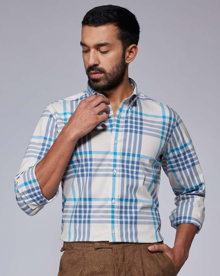 Stretch Oxford Checked Shirt - Ecru & Blue