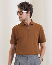 Signature Zipper Polo T-Shirt - Light Brown