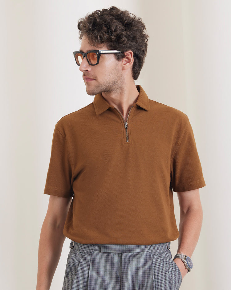 Signature Zipper Polo T-Shirt - Light Brown