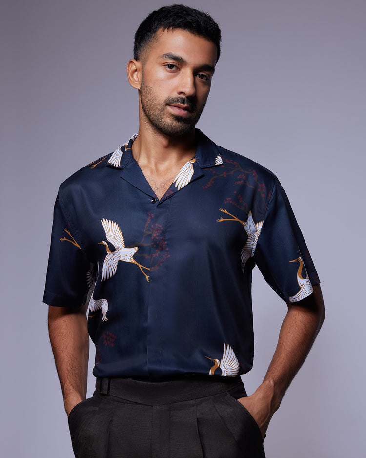 Black Half-Sleeve Bird Printed Shirt