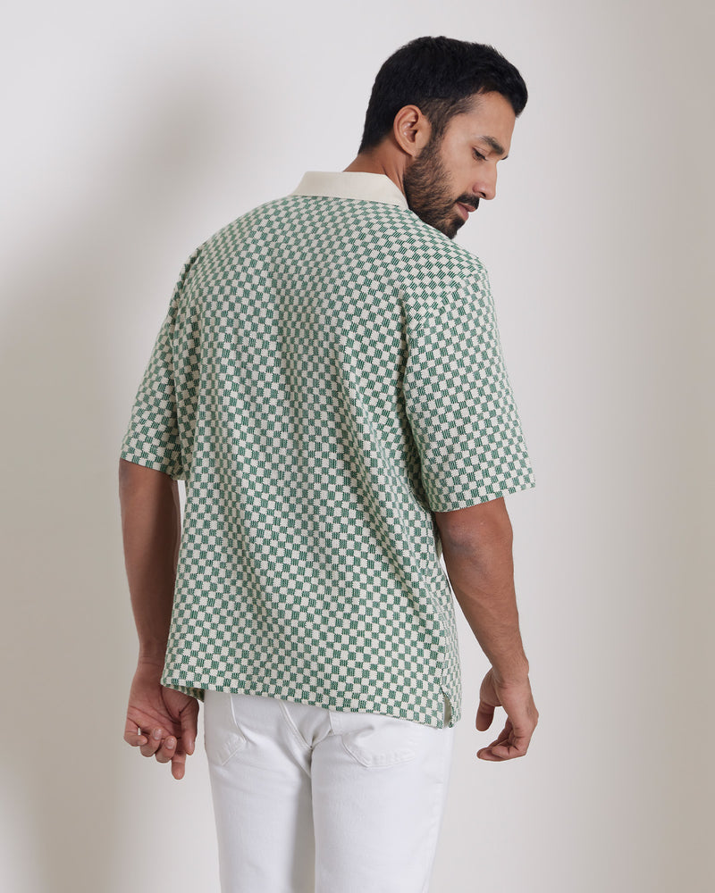 Green & Ecru Half-Sleeve Crochet Shirt