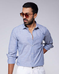 Stretch Cotton Blended Striped Shirt - Blue & White