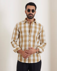 Beige Seersucker Checked Shirt