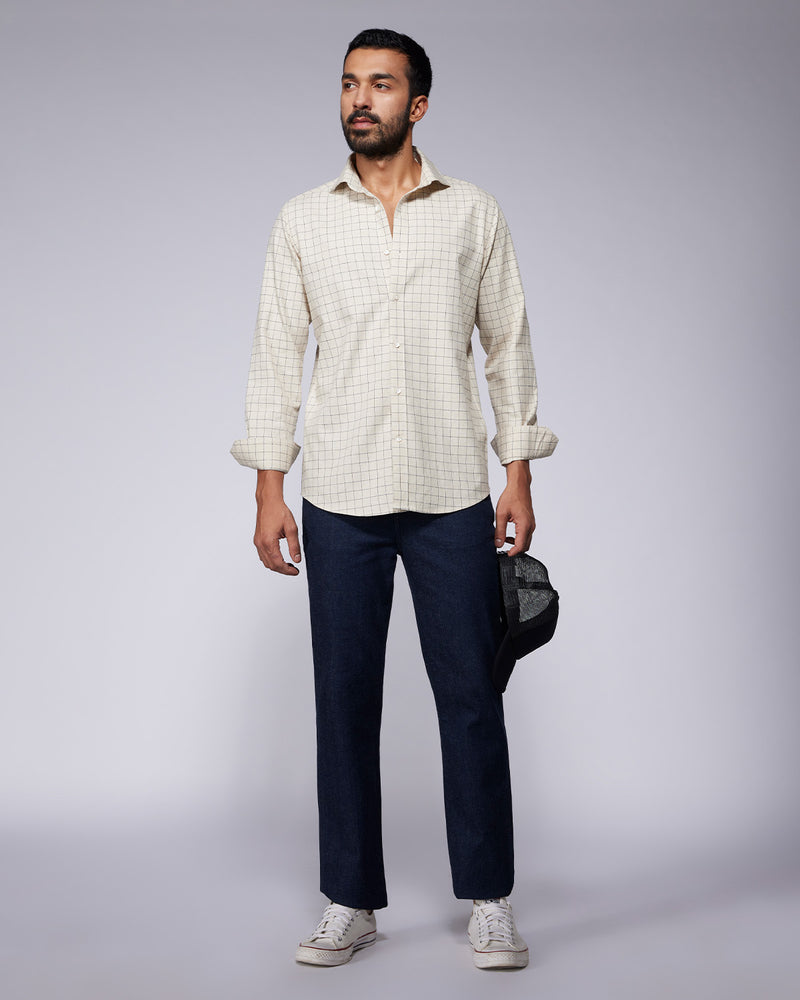 Ecru & Navy Cotton Checked Shirt