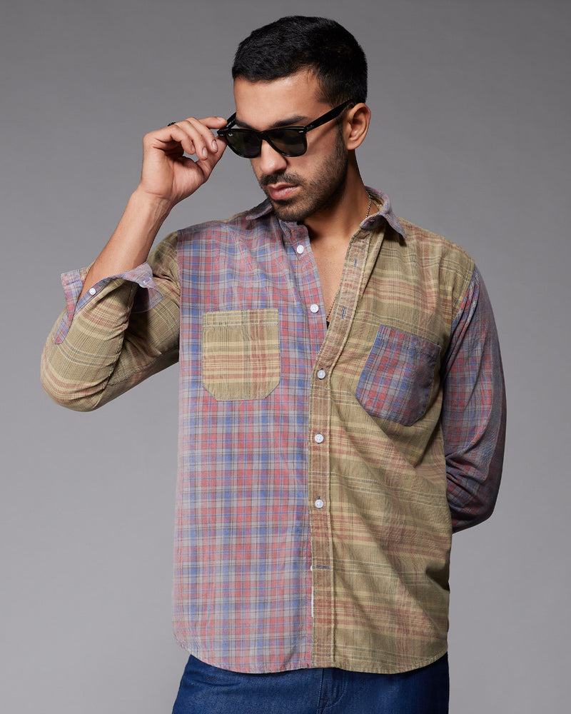 Red & Grey Corduroy Cut & Sew Checked Shirt