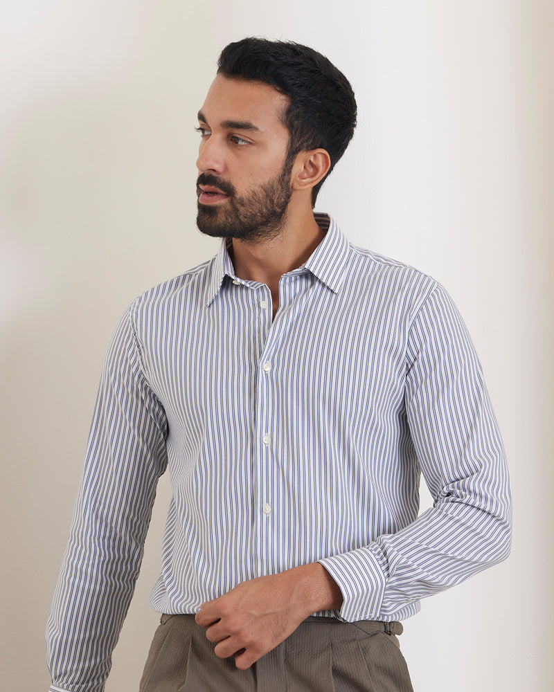 Dark Blue & White Stretch Twill Striped Shirt