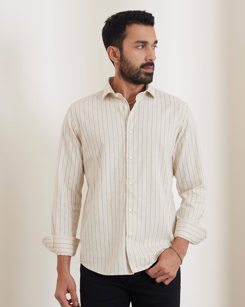 Ecru & Navy Cotton Striped Shirt