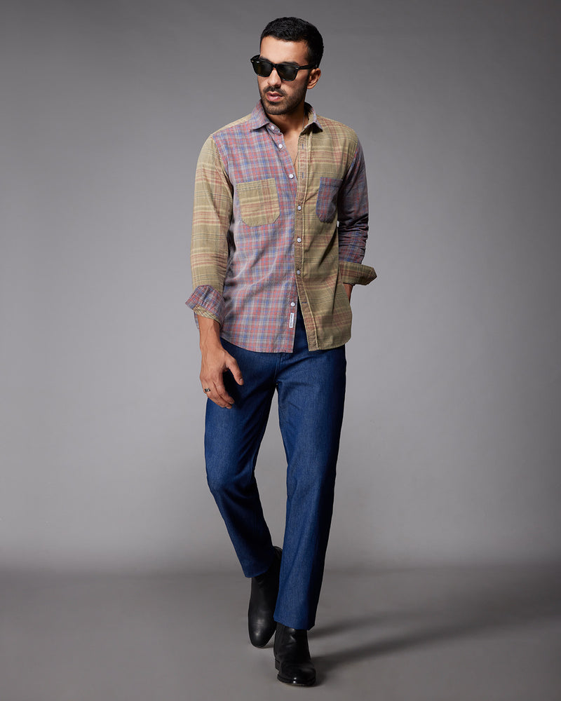 Red & Grey Corduroy Cut & Sew Checked Shirt