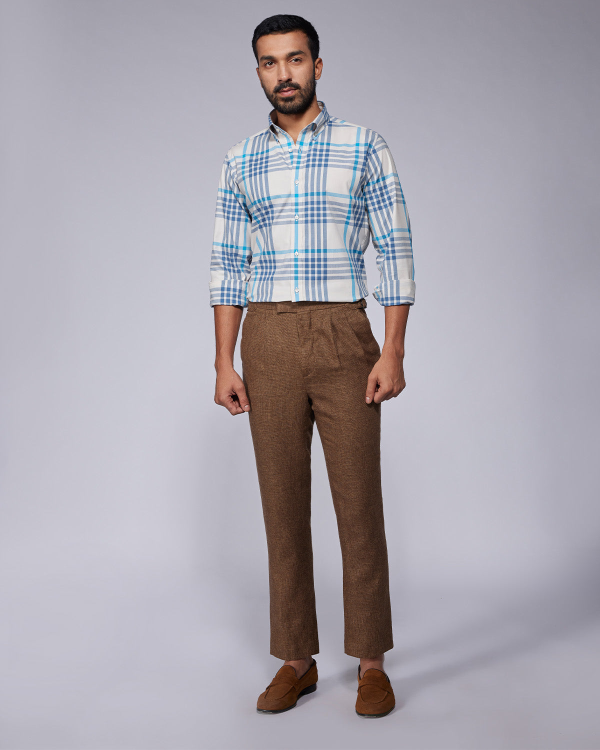 Stretch Oxford Checked Shirt - Ecru & Blue