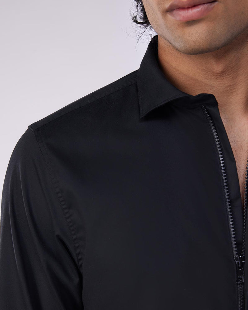 Black Stretch Twill Zipper Shirt