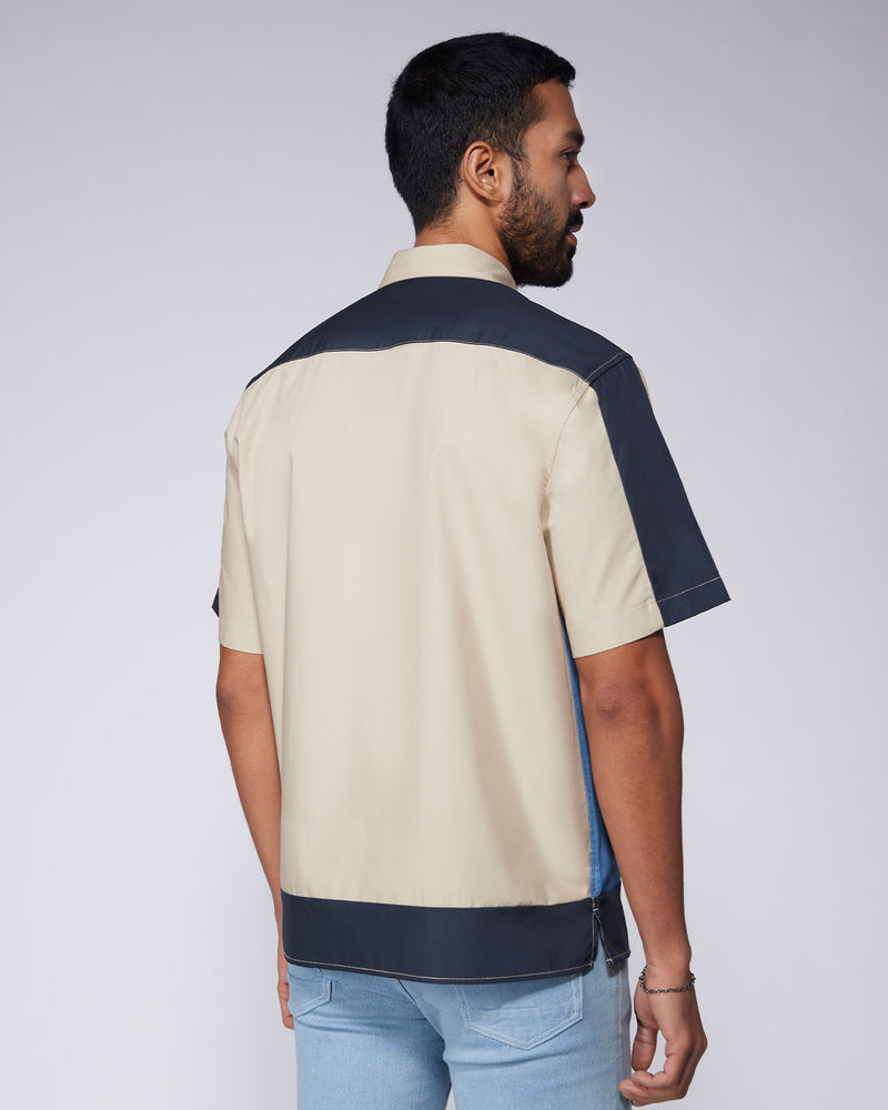 Beige Half-Sleeve Cut & Sew Shirt