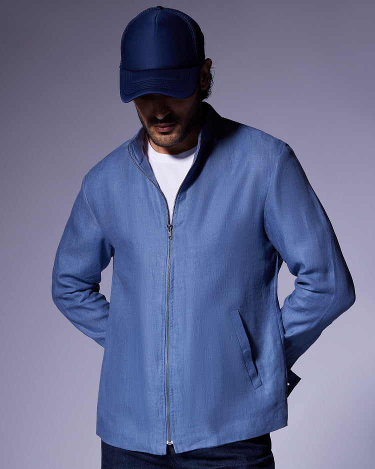 The Belvedere Linen Bomber Jacket - Blue