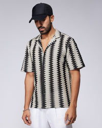 Black & Ecru Half-Sleeve Zigzag Crochet Shirt